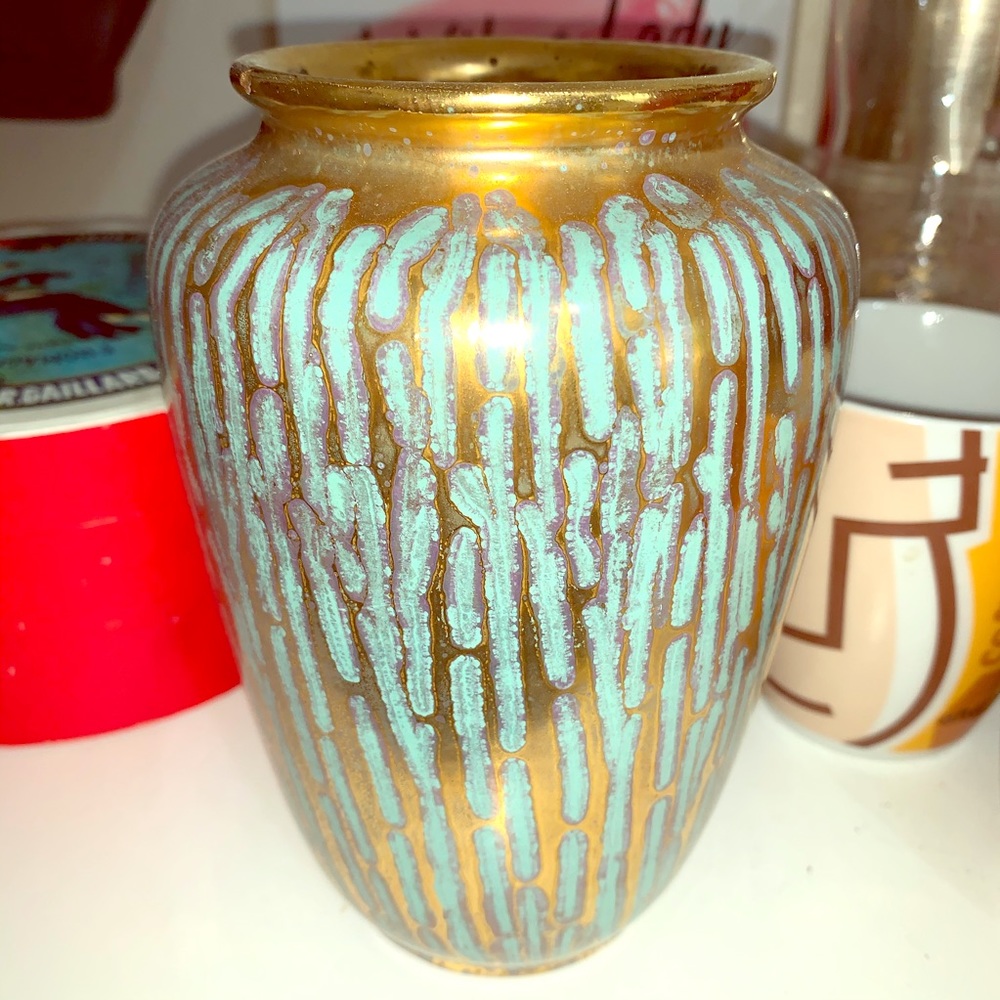 Stunning Turquoise & brass enamel decorative vase